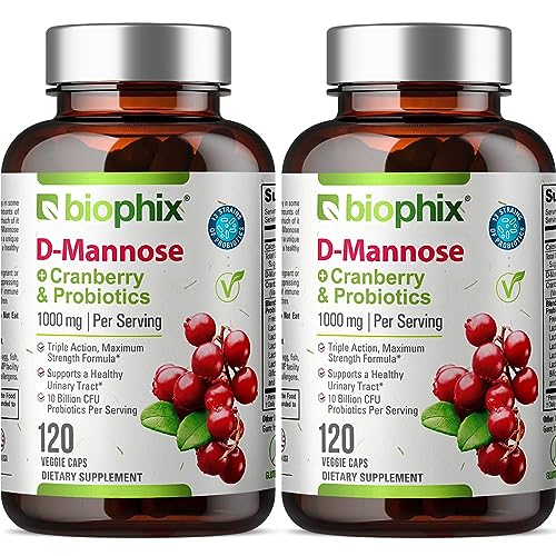 biophix D-Mannose 1000mg Capsules with Cranberry & Probiotics - D Mannose Supplements for Women - D-Mannose Pills for Urinary Tract & Bladder Health Support - Digestive Well-Being - 120 Vcaps 2 Pack