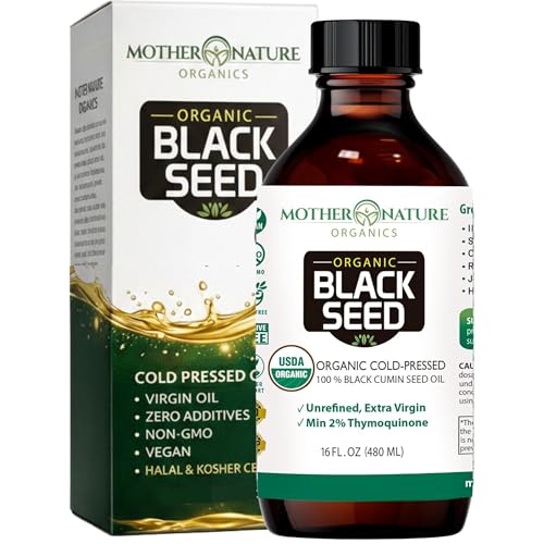 Mother Nature USDA Organic Black Seed Oil  Cold Pressed, Unrefined & Vegan Nigella Sativa, High Thymoquinone (2%+), Omega 3 6 9 for Immune, Joint & Heart Support, Hair & Skin, Non-GMO, 16oz
