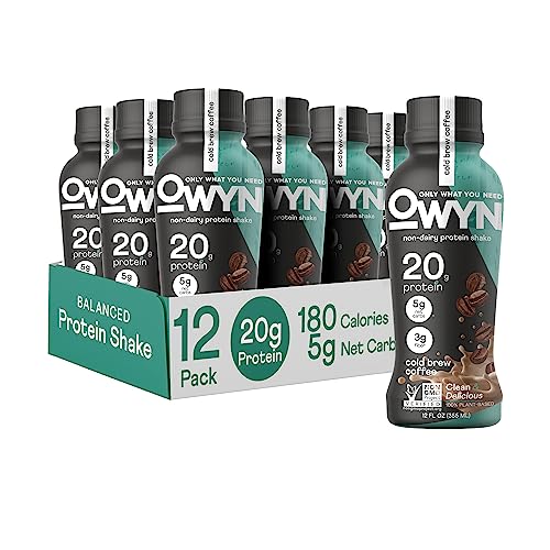 OWYN Only What You Need Vegan Plant-Based Protein Shake, Cold Brew Coffee, 12 Pack, with 20g Plant Protein, Omega-3, Prebiotic supplements, Superfoods Greens Blend, Gluten-Free, Soy-Free, Non-GMO