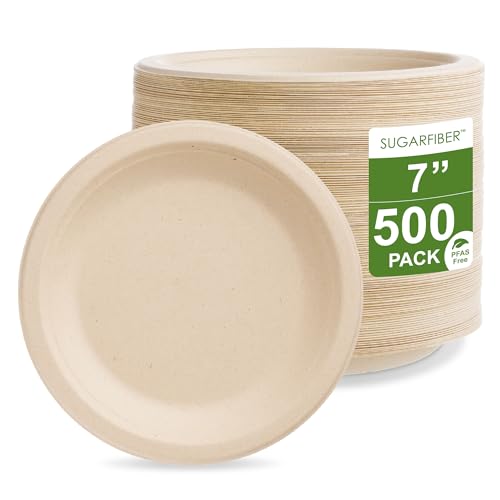 [500 COUNT]Harvest Pack 7-inch Compostable Small Paper Plates, Round Disposable Heavy-Duty Dessert Plates, Natural Bagasse Biodegradable Small Plate, Made From Eco-Friendly Sugarcane Plant Fibers