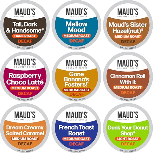 Maud's Decaf Coffee Pods Variety Pack, 80 ct, 9 Assorted Roasts & Flavors, Decaffeinated Medium Roast Coffee in Recyclable Single Serve Pods - 100% Arabica Coffee, Compatible with Keurig K Cups Maker