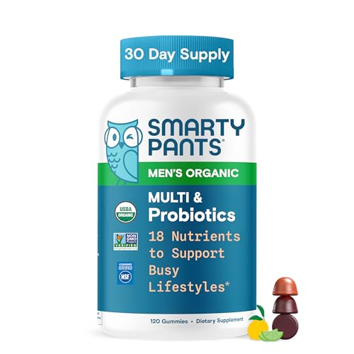 SmartyPants Multivitamin for Men, Organic Gummies: Probiotics, CoQ10, Methylfolate, Omega 3 (ALA), Vitamin D3, C, Vitamin B12, B6, A, K & Zinc for Immune Support, Biotin, 120 Gummies (30 Day Supply)