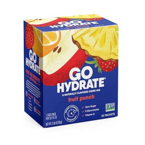 GoHydrate Instant Hydration Powder Packets - Low Sodium Electrolytes Drink Mix - Natural Hydration Support, Sugar Free Electrolyte Flavored Powder Drink with Vitamin D, 30 Packs, Fruit Punch