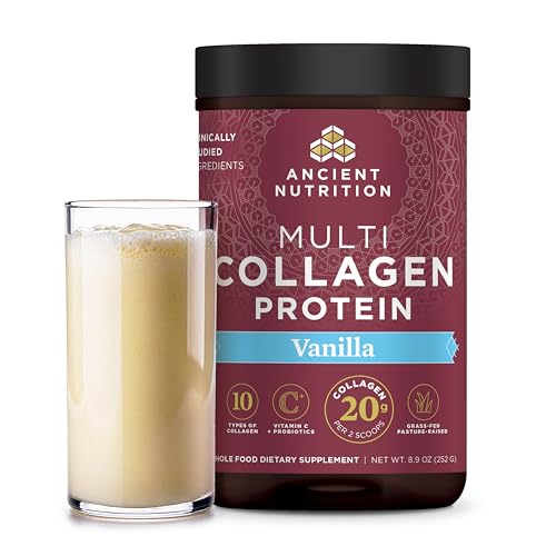 Ancient Nutrition Collagen Peptides Powder, Multi Collagen Protein, Women & Men, Vitamin C, Probiotics, Hydrolyzed Collagen, Supports Skin, Joints, Gut Health, Vanilla, 24 Servings
