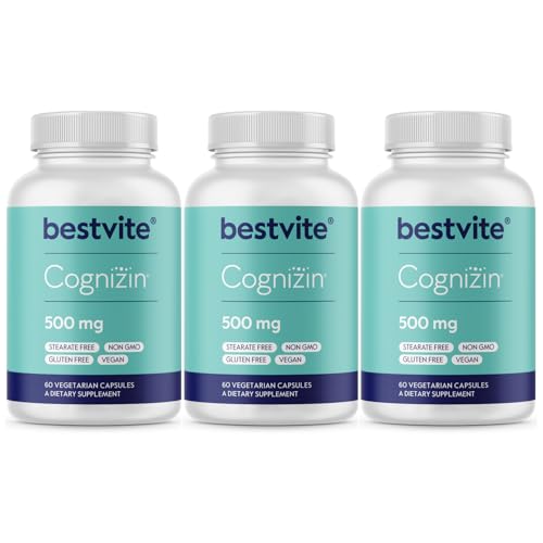 BESTVITE Cognizin Citicoline 500mg (180 Vegetarian Capsules) (60x3) - Clinically Studied Premium Choline Nootropic - No Stearates - Vegan - Gluten Free - Brain Supplements for Memory and Focus