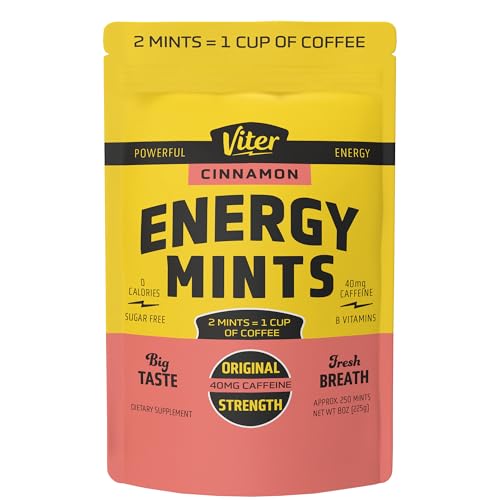 Viter Energy 40mg Caffeine Mints - Sugar Free, B Vitamins, Vegan, Boosts Fast Energized Alert Focus, Caffeinated Nootropic Supplement Pills (Cinnamon Flavor, 8oz, Bulk Bag)