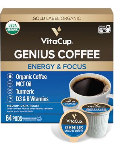 VitaCup Organic Genius Keto Coffee Pods, Increase Energy & Focus w/MCT Oil, Turmeric, B Vitamins, D3, Medium Dark Roast, Bold, Smooth, Single Serve Pod Compatible w/Keurig K-Cup Brewers,64 Ct