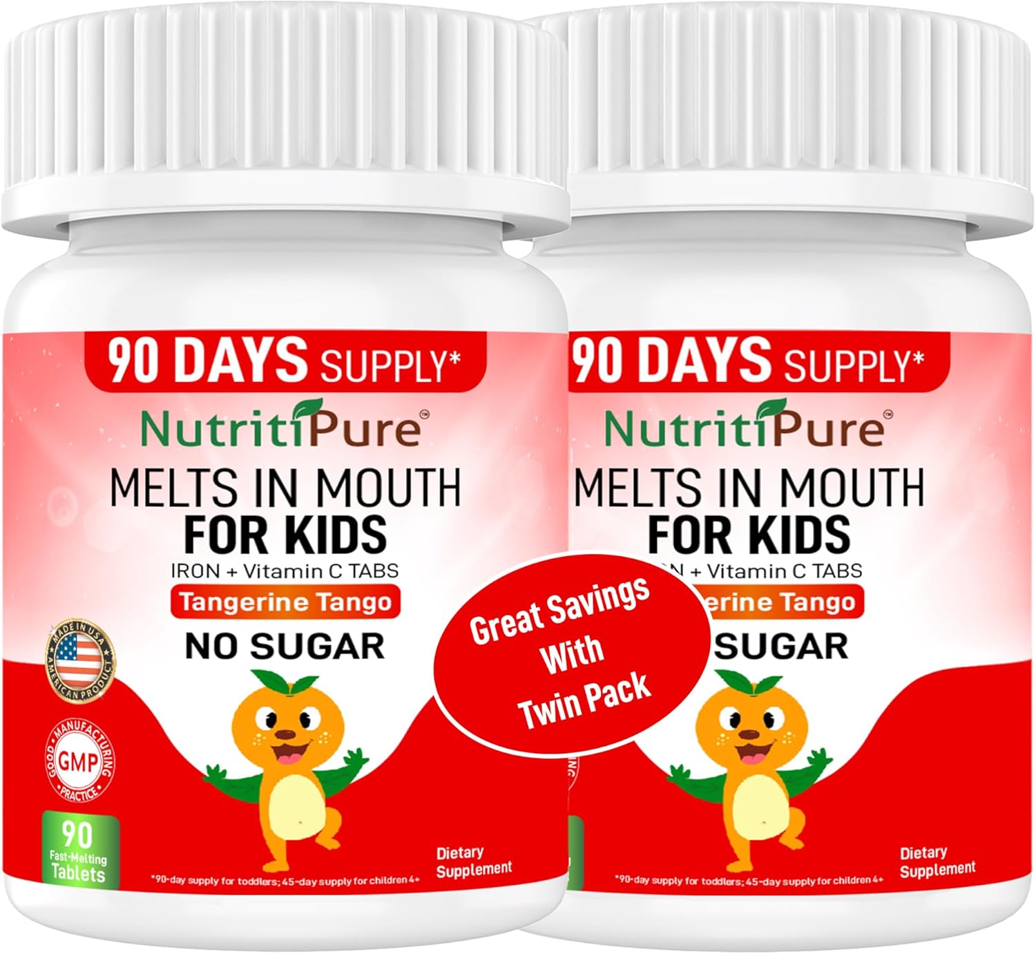 Chewable Iron Supplements for Kids (Ferronyl/Carbonyl Iron 9 mg with Vitamin C 30 mg) Tablet in Tangerine Tango Orange Flavor Kids Supplement 90 Count (2 Bottles)
