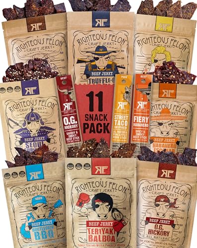 Righteous Felon Beef Jerky & Meat Sticks Variety Pack | Gluten Free Beef Jerky Snack Packs for Adults | High Protein, Keto, Low Sugar | Made with Premium Meats | 11 Pack Sampler