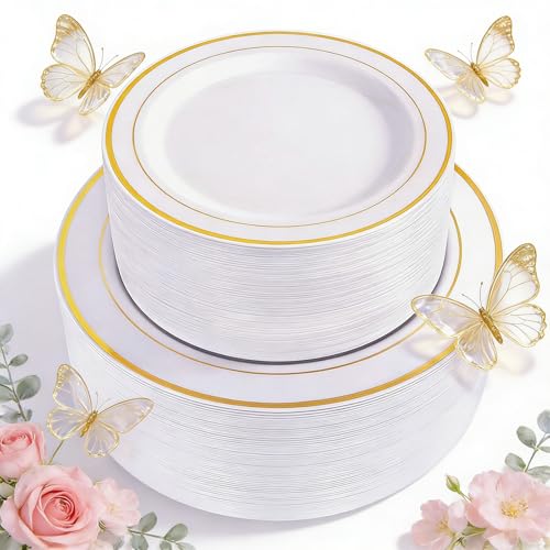 WDF 120 pieces Gold Disposable Plastic Plates - White and Gold Plates Include 10.25" Dinner Plate & 7.5" Salad Plate for Thanksgiving Weddings/Party