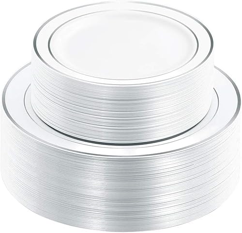WDF 120PCS Plastic Christmas Plates White Silver Rim - Disposable Plates including 60PCS for Dinner 10.25inch, 60 Salad/Dessert Plates 7.5inch Heavy Duty Wedding
