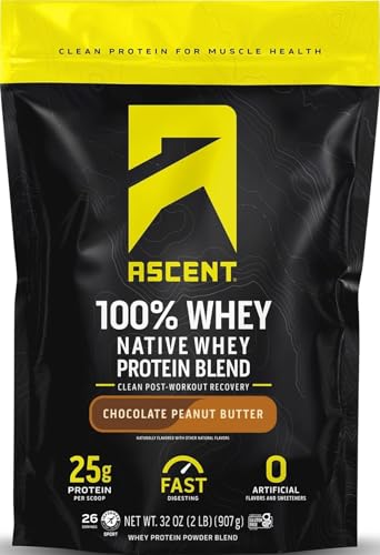 Ascent 100% Whey Protein Powder - Post Workout Whey Protein Isolate, Zero Artificial Flavors & Sweeteners, Gluten Free, 5.5g BCAA, 2.6g Leucine, Essential Amino Acids, Chocolate Peanut Butter 2 lb