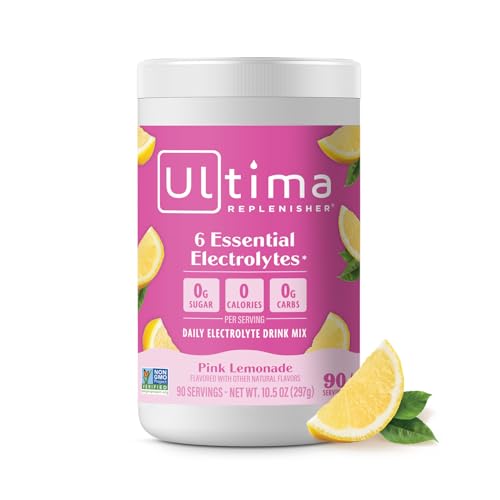 Ultima Replenisher Daily Electrolyte Powder Drink Mix  Sugar Free  Pink Lemonade, 90 Serving  Hydration Powder with 6 Key Electrolytes and Trace Minerals  Keto Friendly, Vegan, Non-GMO