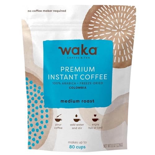 Waka Premium Instant Coffee Pouch  100% Colombian Arabica Freeze Dried Beans  For Hot or Iced Coffee (8 Ounces, Medium Roast)