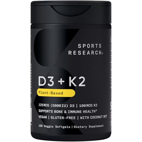 Sports Research Vitamin D3 with K2 Softgels - Plant Based K2 & Vegan D3 5000iu with Coconut MCT Oil - Vegan Certified, Soy & Gluten Free - 120 Count