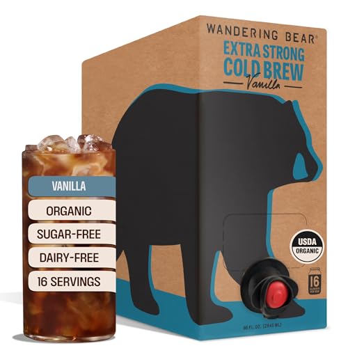 Wandering Bear Organic Vanilla Coffee Cold Brew On Tap, Iced Coffee Drink -Extra Strong, Smooth, No Sugar Added, Shelf-Stable, Ready to Drink, Gluten Free & Vegan Decaf -16 Servings of 6fl.oz -96fl.oz