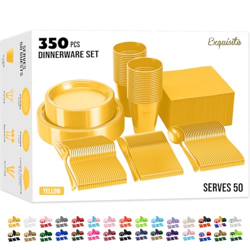 350 Pcs Yellow Plastic Plates For Party, Yellow Disposable Plates Set, 50 Of Each 9" Dinner Plate Set, 7" Dessert Plate, Cups, Napkins & Cutlery Plastic Dinnerware Exquisite