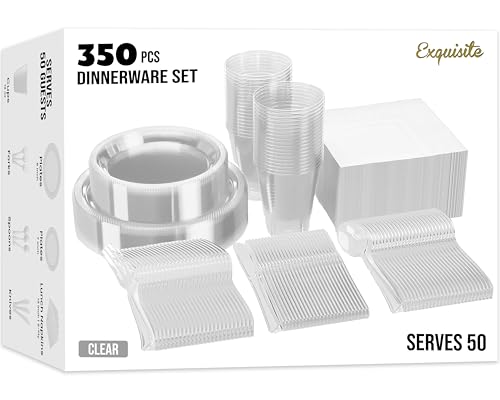 350 Pcs Clear Plastic Plates For Party, Clear Disposable Plates Set, 50 Of Each 9" Dinner Plate Set, 7" Dessert Plate, Cups, Napkins & Cutlery Plastic Dinnerware Exquisite