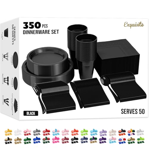 Party Solids 350 Pieces Black Plastic Plates For Party, Black Disposable Plates Set, 50 Of Each 9" Dinner Plate Set, 7" Dessert Plate, Cups, Napkins & Cutlery Plastic Dinnerware
