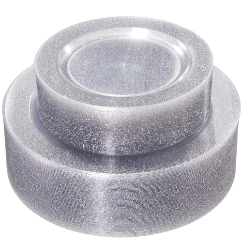 WDF 120PCS Silver Plastic Plates- Disposable Silver Glitter Plates, Premium Heavy Duty 60-10.25" Dinner Plates and 60-7.5" Salad Plates for Parties &Wedding