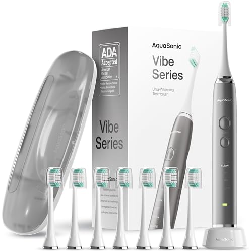 Aquasonic Vibe Series Ultra-Whitening Toothbrush  ADA Accepted Electric Toothbrush - 8 Brush Heads & Travel Case  40,000 VPM Motor & Wireless Charging - 4 Modes w Smart Timer  Charcoal Metallic