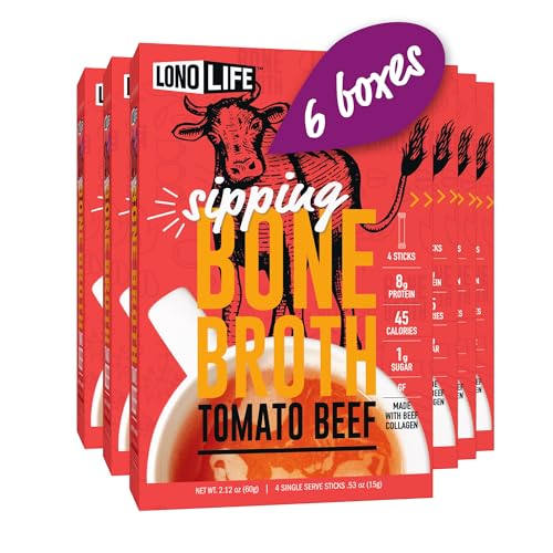 LonoLife Tomato Beef Bone Broth Powder Mix | Grass-Fed, 10g Protein | Collagen-Rich, Keto & Paleo Friendly | Natural Ingredients | 24 Portable Stick Pack Servings