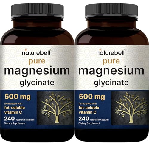 Pure Magnesium Glycinate 500mg with Fat Soluble Vitamin C, 480 Veggie Capsules (2 Pack) | Supplement for Muscle, Enzyme, & Heart Support*  100% Chelated & Purified  Non-GMO, Filler Free