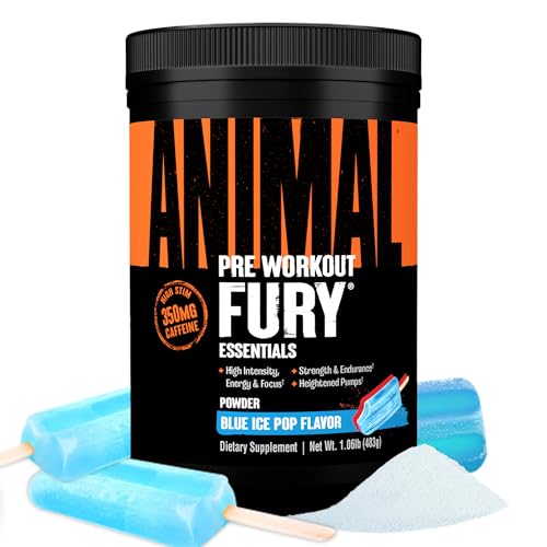 Animal Fury Pre Workout Powder  Blue Ice Pop, 350mg Caffeine, BCAA Amino Acids, 2g Beta Alanine, Citrulline & Tyrosine, Energy, Focus, Strength, Endurance, Preworkout for Men & Women, 30 Servings