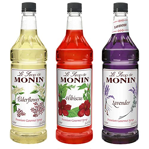 Monin - Floral Variety Pack, Lavender, Elderflower, & Hibiscus Syrup, Floral Flavors, Great for Cocktails, Mocktails, Teas, & Lemonades, Gluten-Free, Vegan, Non-GMO (1 Liter Per Bottle, 3-Pack)