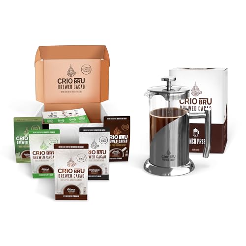Sampler Starter Kit/Set (5 Varieties) | Natural Healthy Brewed Cacao Drink | Great Substitute to Herbal Tea and Coffee | 99% Caffeine Free | Keto Whole-30 Honest Energy Brew And Enjoy Hot or Iced (Set (Incl. French Press))