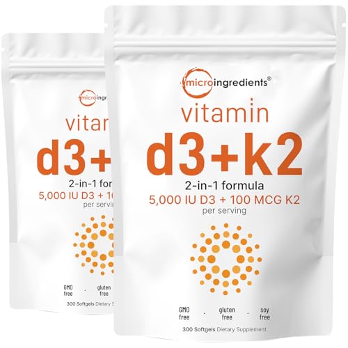 Micro Ingredients Vitamin D3 5,000 IU + K2 MK-7 100 mcg, 2 Pack (600 Softgels) | Liquid-Filled with Sunflower Oil | 2-in-1 Bone, Immune & Heart Support | Easy to Swallow, Non-GMO