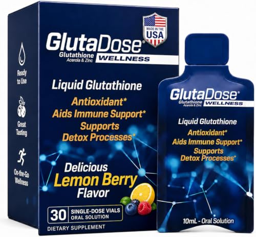 Liquid Glutathione Supplement, Lemon Berry Flavored Acerola Energy Booster w/Zinc, Daily Vitamins & Minerals, Zero Sugar Formulation, Everyday Auto-Immune Support for Adults, 0.34 fl oz, Pack of 30