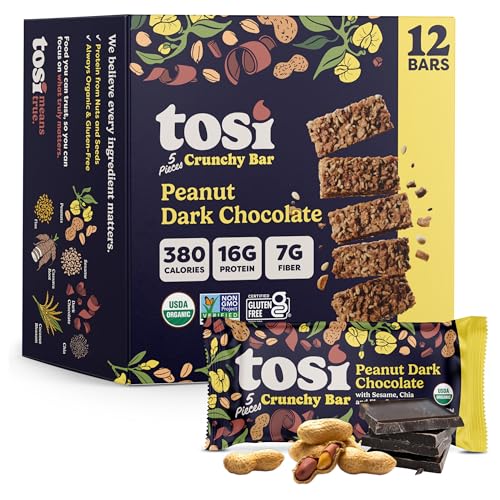 Tosi Meal Nut Bars, Peanut Dark Chocolate, Healthy Snacks for Adults & Kids, Crunchy Plant Based Protein Bar (16G), Keto Snacks, Vegan, Gluten & Soy Free, Low Sugar, Omega 3s, 2.4oz, 12-Pack