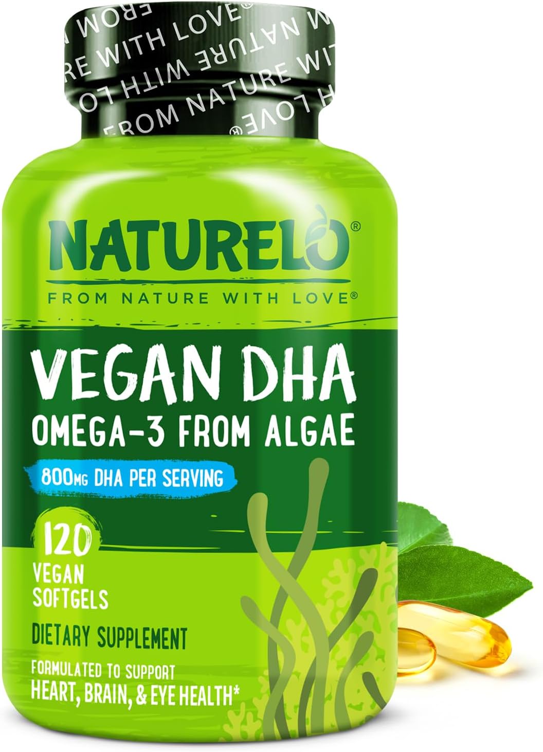 NATURELO Vegan DHA - Omega 3 Oil from Algae - Supplement for Brain, Heart, Joint, Eye Health - Provides Essential Fatty Acids for Women Men and Kids - Complements Prenatal Vitamins - 120 Softgels