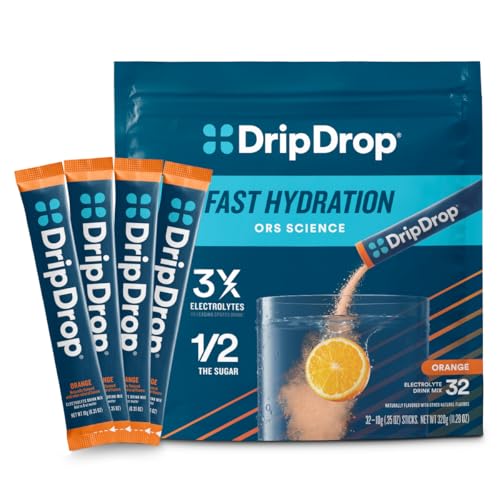 DripDrop Hydration Packets - Orange - Single Serve Electrolytes Powder Drink Mix - Non-GMO, Gluten Free, Vegan - 32 Sticks