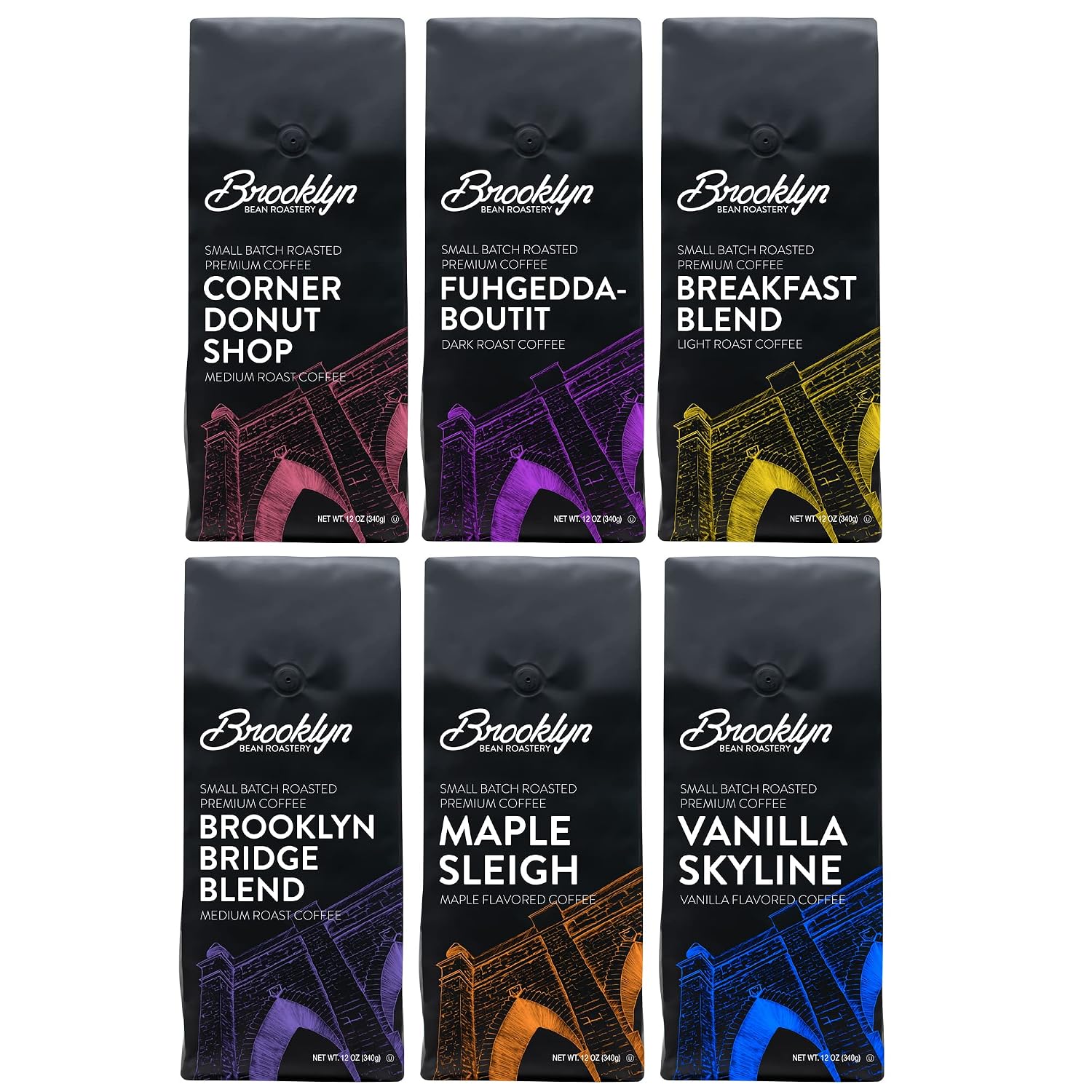 Brooklyn Beans Bagged Ground Coffee Variety Pack - Light, Medium, Dark Roast and Flavored (12 Ounce Bag, Pack of 6)