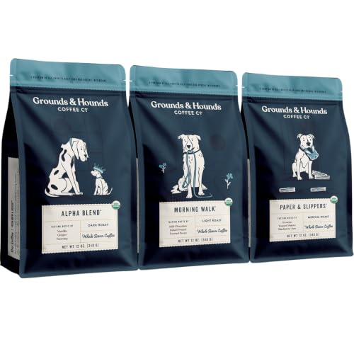 Grounds & Hounds Three Blend Starter Kit - 100% Organic Whole Bean Coffee Variety Pack, Whole Coffee Beans, Includes Three 12oz Bags of Our Most Popular Blends