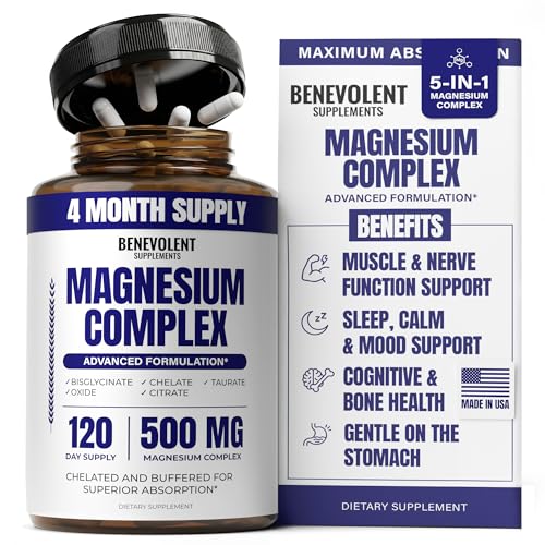 Magnesium Complex Supplement, 4 Month Supply of 500mg 5-in-1 Bisglycinate, Oxide, Taurate, Aspartate, Citrate, Max Absorption Magnesium Supplement for Calm, Sleep & Leg Cramps, 120 Capsule