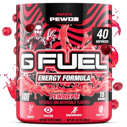 G Fuel PewDiePie Energy Drink Powder, Pre Workout Caffeine Mix for Gaming, Sugar Free Focus Amino, Vitamin + Antioxidants, 9.9oz (Lingonberry, 40 Servings)
