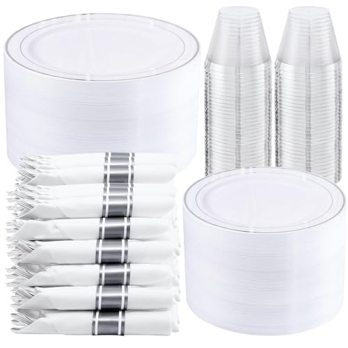 WELLIFE 350-Piece Silver Plastic Dinnerware Set