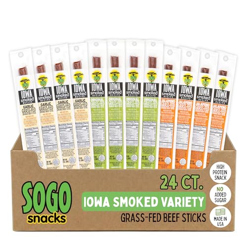 Beef Jerky Variety Pack, Iowa Smoked Recipe 3 Flavors, No Sugar, Non-GMO, 100% Grass Fed Beef Sticks. No Nitrates, Gluten, Soy, MSG, Dairy, or Nuts. Paleo, Whole30 and Keto Snack. Low Calorie High Protein Meat Stick (8 Original, 8 Garlic, 8 Jalapeno, 24 Cnt) - Sogo Snacks