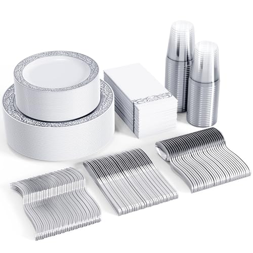 FOCUSLINE 350 Ct Silver Dinnerware Set for 50 Guests, Silver Lace Plastic Plates Disposable Heavy Duty, Including 50 Dinner & Dessert Plates, Cups, Napkins, Cutlery Set