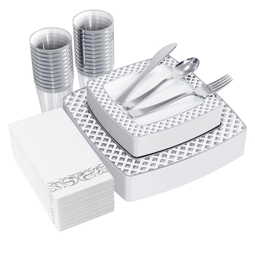 FOCUSLINE 175 Count Silver Dinnerware Set for 25 Guests, Disposable Square Plastic Plates with Diamond Rim, Includes 25 Dinner & Dessert Plates, Napkins, Cups, Cutlery Set for Wedding Parties