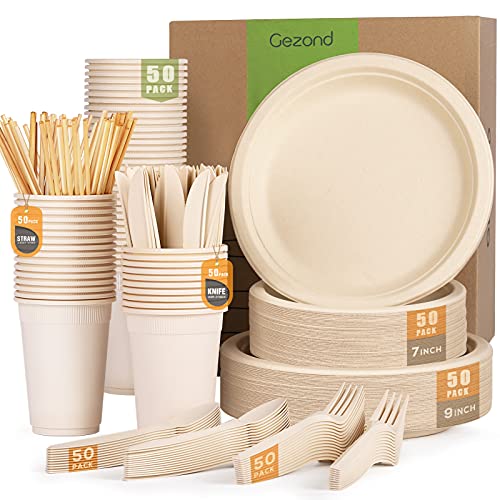 Gezond 350pcs Compostable Paper Plates Set Eco-friendly Heavy-duty Disposable Paper Plates Cutlery Includes Eco-friendly Plate, Forks, Knives, Spoons, Cups and Straws for Wedding Party, 50 Guests