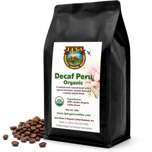 Low Acid Organic Coffee  Whole Bean, Mold-Free & Stomach Friendly by Java Planet, Peruvian Single Origin Decaf Coffee, Water Process, Medium Dark Roast, Smooth Full Flavored, 5LB Bag