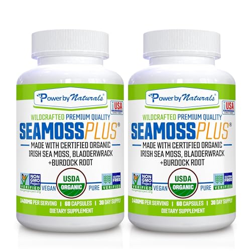 Power By Naturals Sea Moss Plus - USDA Certified Organic Wildcrafted Irish Seamoss, Bladderwrack & Burdock Root, Supplement for Immunity, 60Ct, 2 Pack