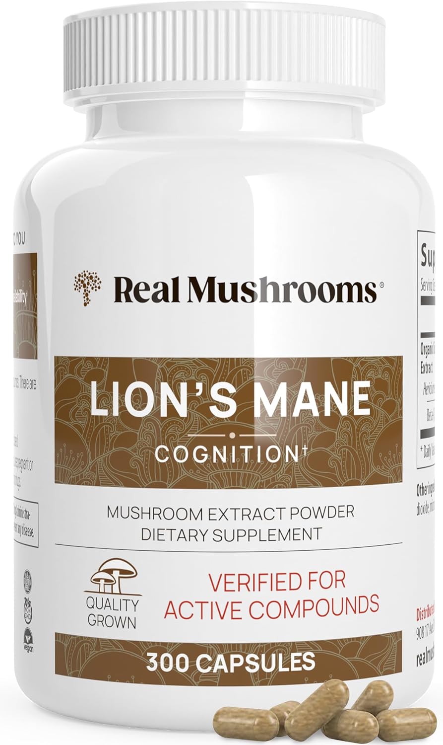 Real Mushrooms Lions Mane Supplement Capsules - Organic Lions Mane Extract for Overall Wellbeing - Beta Glucan Supplements  Vegan 300 ct Mushroom Extract