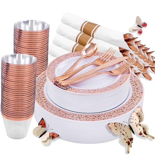 WELLIFE 350 PCS Rose Gold Disposable Dinnerware Set for 50 Guests, Disposable Rose Gold Lace Plates, Include:50 Dinner Plate, 50 Dessert Plates, 50 Pre Rolled Napkins with Silverware and 50 Cups