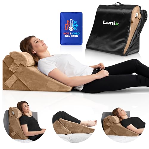 Lunix 3pcs Orthopedic Bed Wedge Pillow Set, Post Surgery Memory Foam for Back, Leg, and Knee Pain Relief, Adjustable Sitting Pillow for Sleeping, Acid Reflux, and GERD, with Hot Cold Pack, Brown
