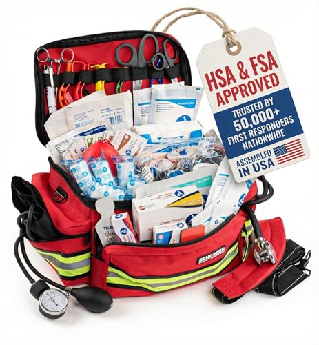 Scherber First Responder Fully-Stocked Professional Essentials EMT/EMS Trauma Kit | HSA/FSA Approved | Reflective Bag w/8 Zippered Pockets & Compartments & 200+ First Aid Supplies - Red